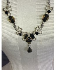 Vintage Silver Tone Necklace with Brown & Gold Tone Beads and Earrings