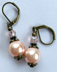 PEACH Glass PEARL faceted Crystal earring BRONZE LEVERBACK handcrafted #400-4
