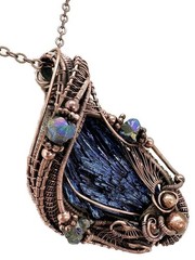 Titanium Aura Kyanite Fan Pendant: Copper Wire-Wrapped w Ti-Aura Quartz Crystals