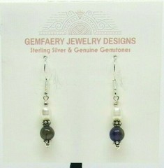 Sterling Silver IOLITE & PEARL Gemstone Dangle Earrings #8259…Handmade USA