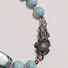 Hand-made Green & Pink Stone Beaded Necklace W/ Enamel Flower W/Rhinestones 1ofK