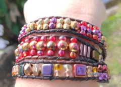 Mosaic Purple Copper & Black 3 Row Leather Wrap Czech Bracelet Great Gift
