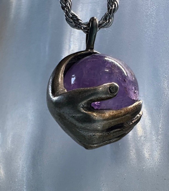 Sterling Silver hand holding Amethyst Cryatal ball Solitaire pendant by JKL 232