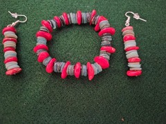Lovely Handmade Coral & Turquoise Earrings & Stretch Bracelet Set