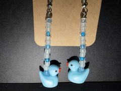 Handcrafted ooak blue dangle drop duck earrings with frosted glass beads