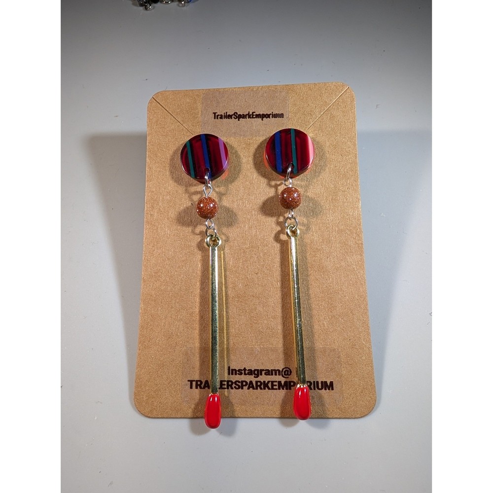 TrailerSparkEmporium Matchstick Drop Earrings Goldstone Red Tip Nickel Free New