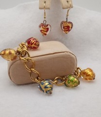 Murano Glass Hearts Gold Foil Jewelry Set, Bracelet & Earrings, Colorful swirls