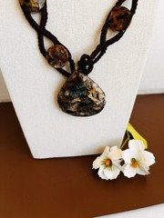 Vtg Waly Corp Of NJ USA Petrified Wood Opal Hand Crocheted Necklace 24”