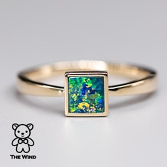 Square Shaped Australian Doublet Opal Ring 14K Yellow Gold Minimalist Band
