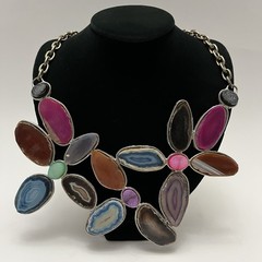 Natural Geode Slice Agate Silver Tone Necklace Statement Bib Chunky Multicolor