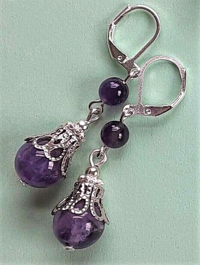 double AMETHYST dangle earring SP LEVERBACK artisan