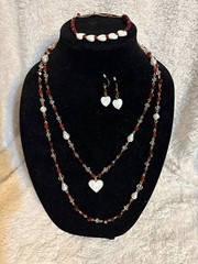 Avon Romantic Red Beaded Jewelry Set Necklace Bracelet Pierced Heart Earrings