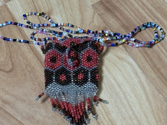 Handmade Glass Seed Bead Necklace Pouch Tassels BOHO Red Brown 17″ Drop NEW OWL
