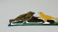Handmade Resin Brooch Pin 2 Seals In Shades Of Green, Yellow & Brown 3 3/4″ Wide