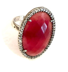 Natural Red Aventurine Ring 925 Sterling Silver, Possibly Cubic Zirconia Edging