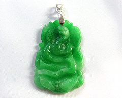 NATURAL GREEN Jade Chinese Carved Snake Good Fortune Wisdom Pendant 925 Silver