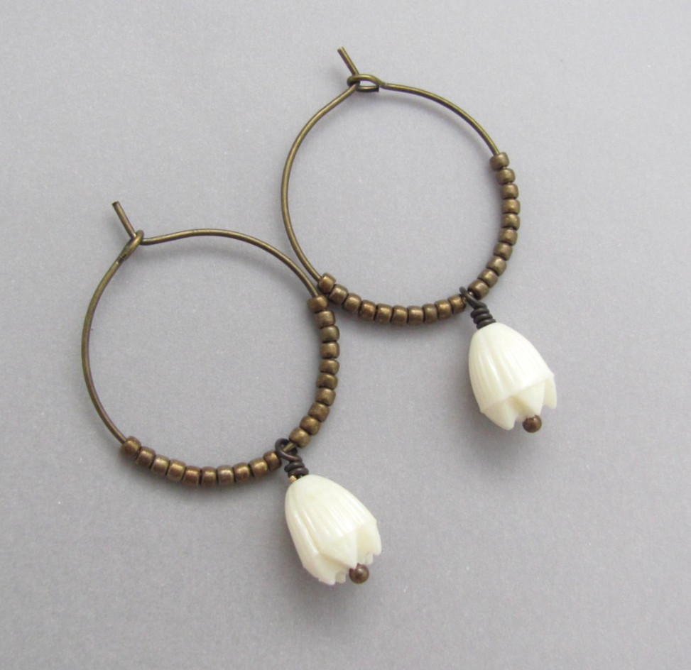 Pikake Flower Hoop Earrings Hawaiian Jewelry Antiqued Brass Boho Bohemian Beaded