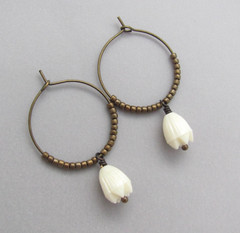Pikake Flower Hoop Earrings Hawaiian Jewelry Antiqued Brass Boho Bohemian Beaded
