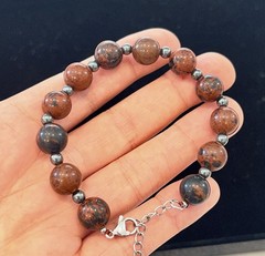 Beaded Adjustable Stone Bracelet Brown Black Round Beads Lobster Clasp Metal