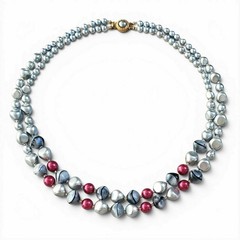 Vintage MCM Gray Art Glass Bead Necklace Red Accents Jeweled Clasp