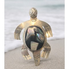 Mexico Alpaca Silver Tone Abalone Turtle Brooch Pendant Vintage