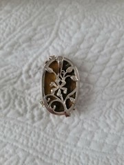 1970’s Tigers Eye Pendant in Sterling with Enamel Flowers & Gems