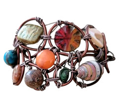 Artisan Bracelet Copper Wire Wrapped Semi-Precious Stones & Beads Estate Vintage