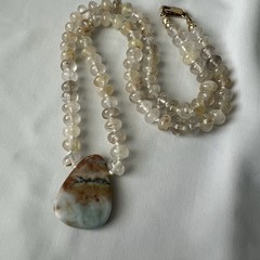 Golden Rutile Quartz Bead Ocean Jasper Pendant Stone GF Boho Artisan Necklace
