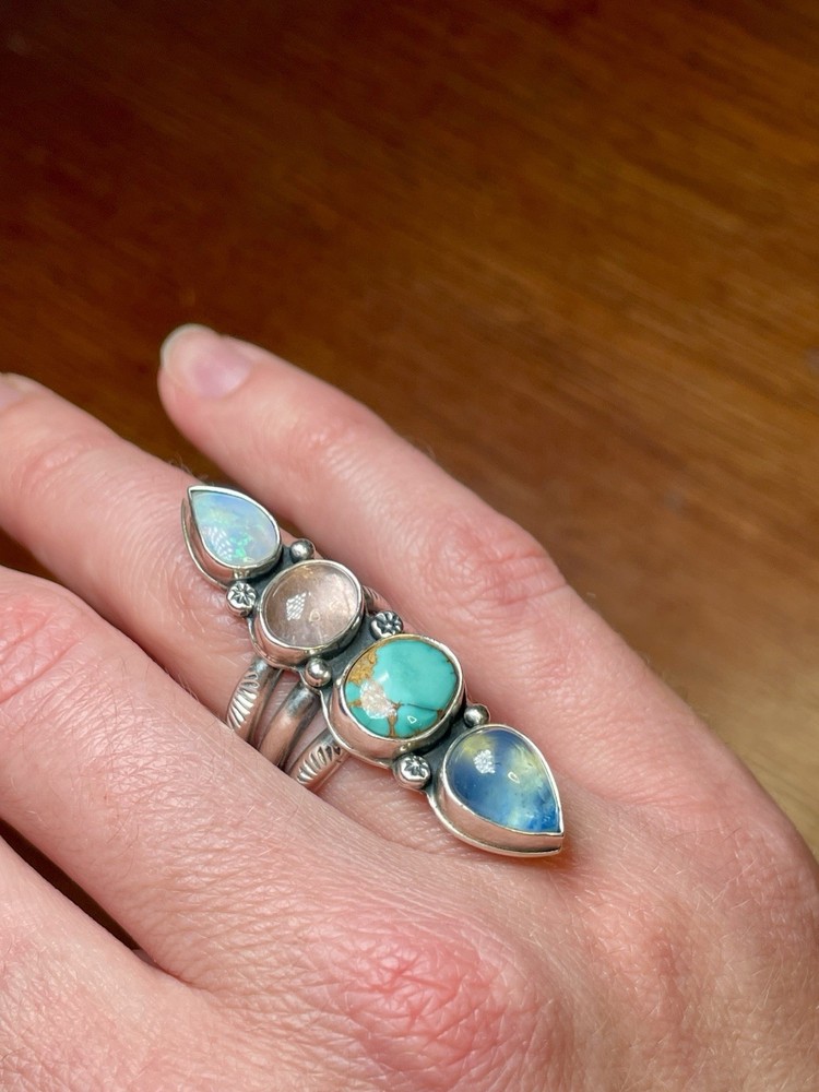 Artisan Silversmith Multi-stone Long Crawler Ring Opal Turquoise Tourmaline Sz 7