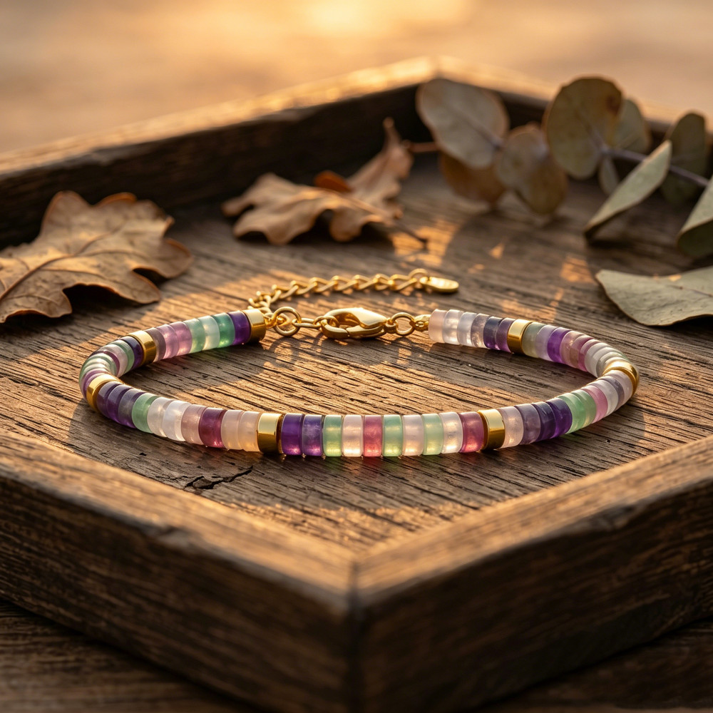 Natural Rainbow Fluorite Heishi Beaded Bracelet Gold Tone Heart Chakra