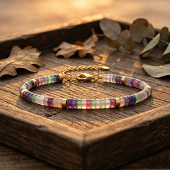 Natural Rainbow Fluorite Heishi Beaded Bracelet Gold Tone Heart Chakra