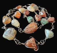 Artisan Wire Wrapped Natural Gemstone Necklace 34″ Endless Large Stone Statement