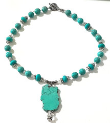 Artisan Made Turquoise Slab & Crystal Beaded Necklace Pendant Boho Southwestern
