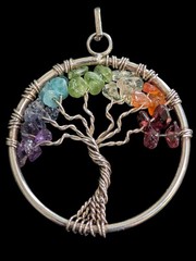Wire Wrapped Tree of Life Chakra Pendant Necklace Gemstone Chips Suede Cord