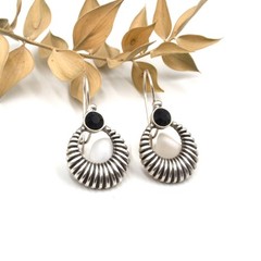 Lightweight Boho Bohemian Silver Black Zircon Fluted Crescent Dangle Earrings