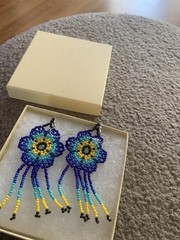 Handmade Beaded Dangle Earrings In Colorful Blues and Yellow 3 Inches. New