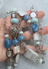 Long textured Link Barse faceted Blue Stones MOP 36” openwork scroll Necklace A9