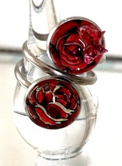 Handcrafted Art Resin Adjustable Open Ring Finger Wrap, Pink Butterfly Over Rose