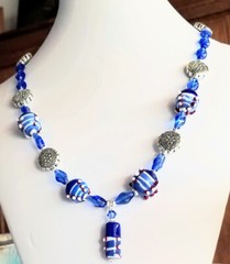 «TRUE BLUE» Necklace Glass and Acrylic Beads Silver-toned Spacers 21″