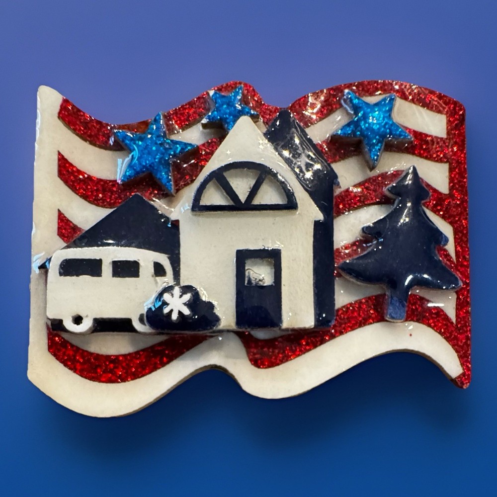 HOUSE PINS BY LUCINDA Independence Day 4th Of July Flag Brooch Pin VW Van Stars