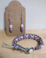 Purple Radiance Single Wrap Beaded Leather Bracelet With Earrings Set