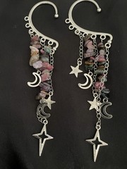 Handcrafted Silver Star Moon Dangle Ear cuff with Multicolor Tourmaline