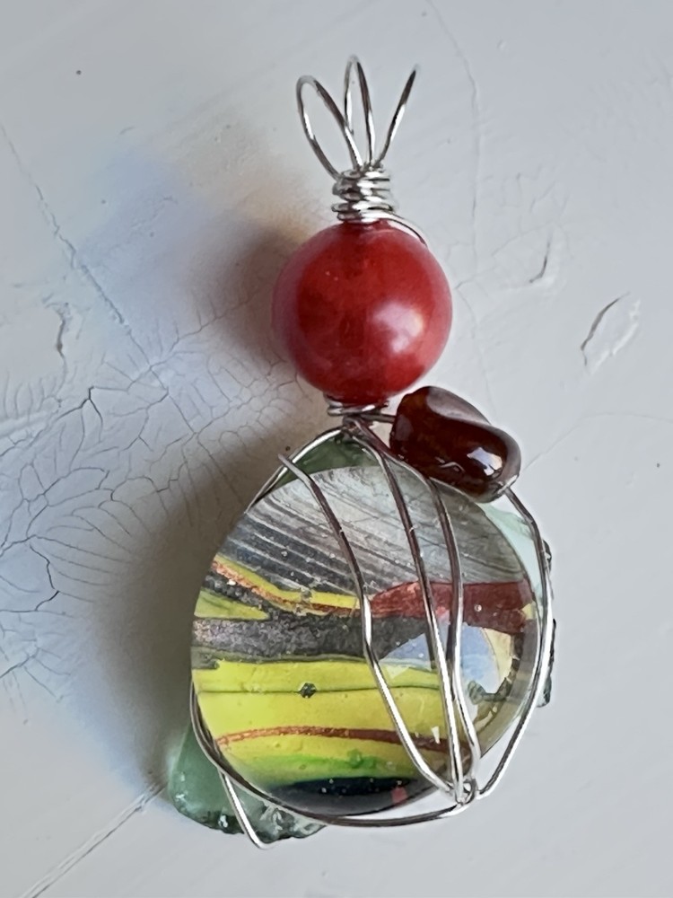 Art Glass Pendant Hand Painted Cabochon, OOAK Wire Wrapped Handmade 4226 Y