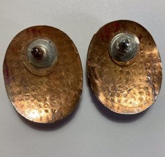 Vintage Stamped Copper Oval Artisan Earrings Golden Yellow Glitter Pierced Stud