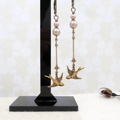 Handmade Antique Brass Small Bird Earrings, Champagne Pearl Cottagecore Jewelry