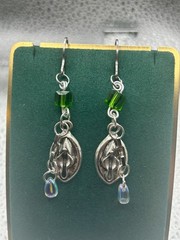 Handmade Feminist Earring with Square Green Glass Beads
