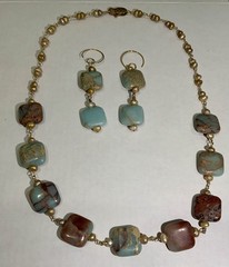 SNAKESKIN JASPER & PEARL ARTISAN NECKLACE EARRING SET LOBSTER CLASP 18 INCHES