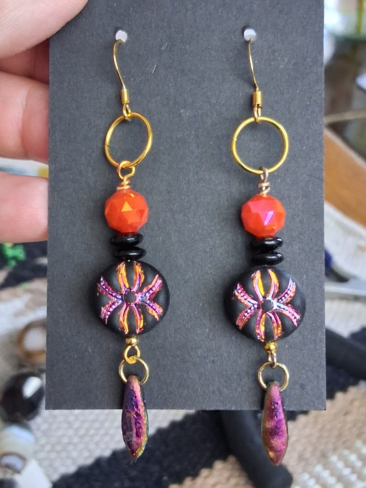Round Black Irridescent Focal Clay Bead, Orange Czech Bead With Dagger Bead