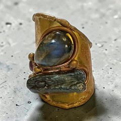 Artisan Brass Ring Gemstones Brutalist Design Unique Handmade Statement Jewelry