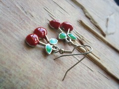 Cherry Earrings Dangle Handmade Bright Red Surgical Steel Small Rockabilly Fun